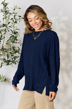 Basic Bae Full Size Ribbed Round Neck Slit Knit Top - LoveNest Treasures