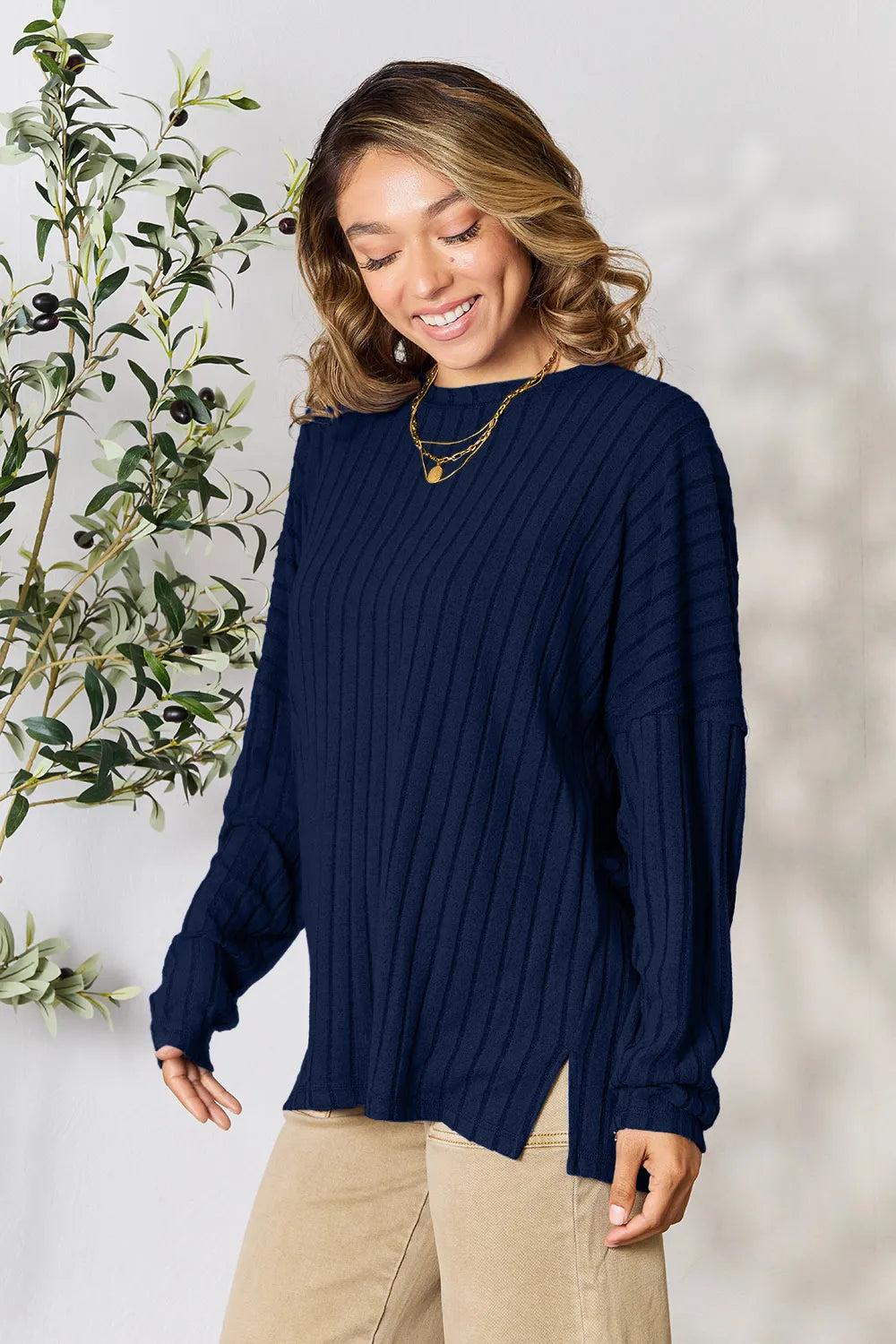 Basic Bae Full Size Ribbed Round Neck Slit Knit Top - LoveNest Treasures