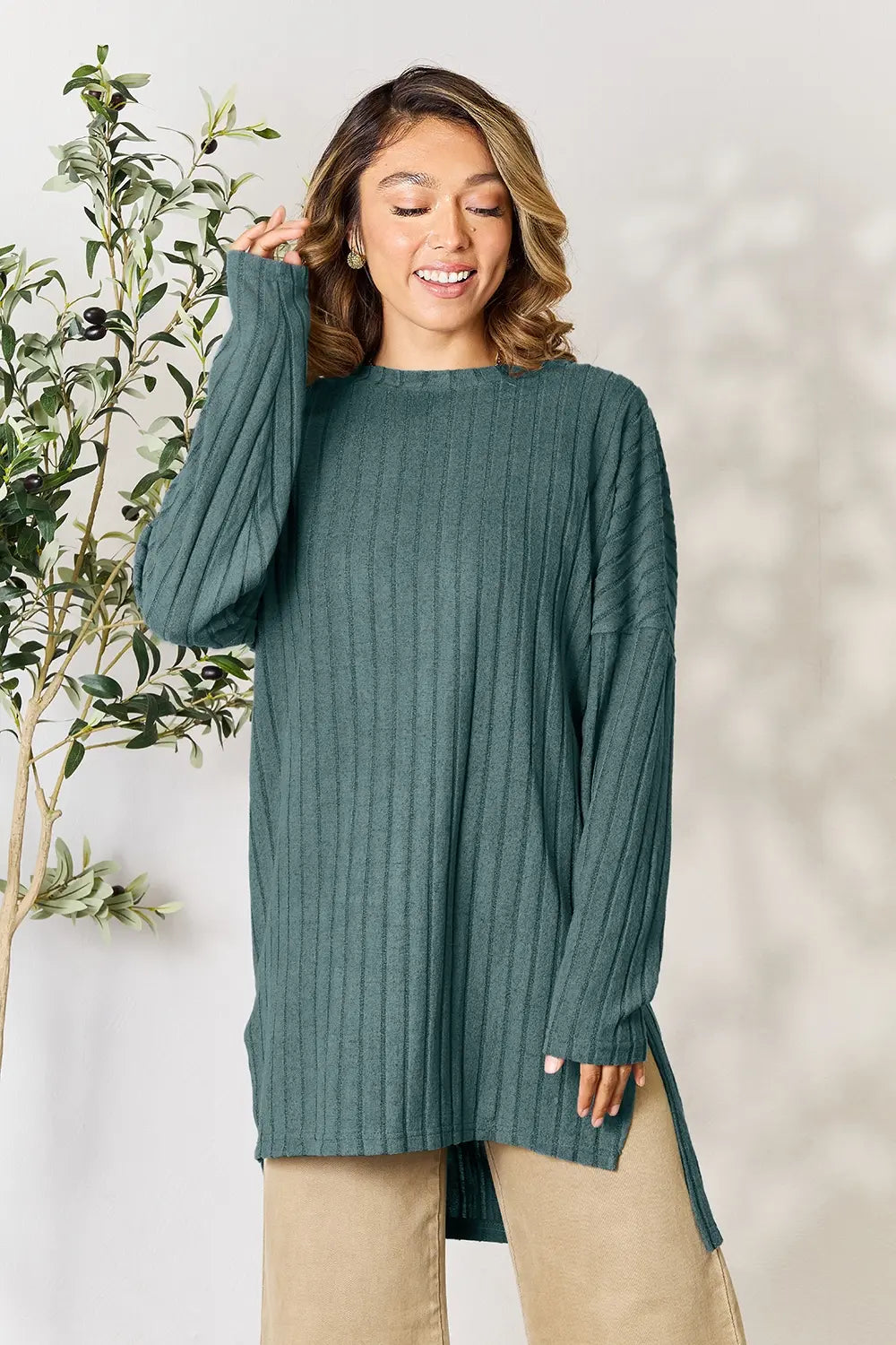 Basic Bae Full Size Ribbed Round Neck Long Sleeve Slit Top - LoveNest Treasures