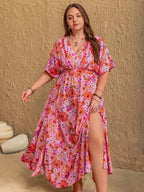Plus Size Slit Floral V-Neck Half Sleeve Maxi Dress - LoveNest Treasures