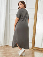 Plus Size Pocketed V-Neck Short Sleeve Lounge Dress - LoveNest Treasures