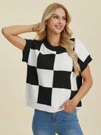 Double Take Full Size Checkered Round Neck Short Sleeve Sweater - LoveNest Treasures