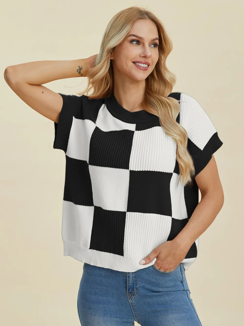 Double Take Full Size Checkered Round Neck Short Sleeve Sweater - LoveNest Treasures