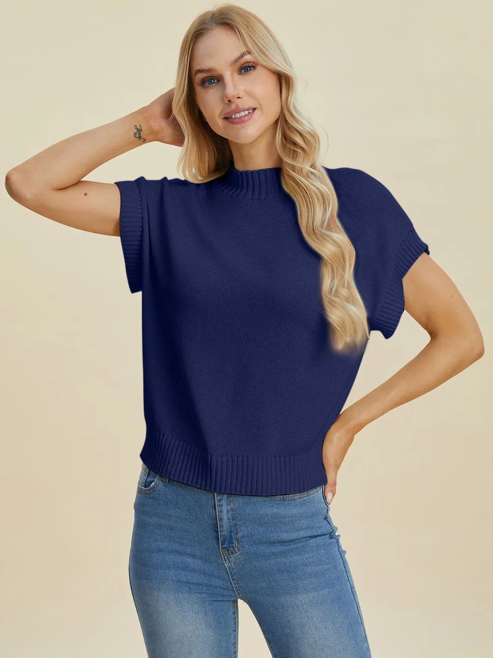 Double Take Full Size Mock Neck Short Sleeve Sweater - LoveNest Treasures