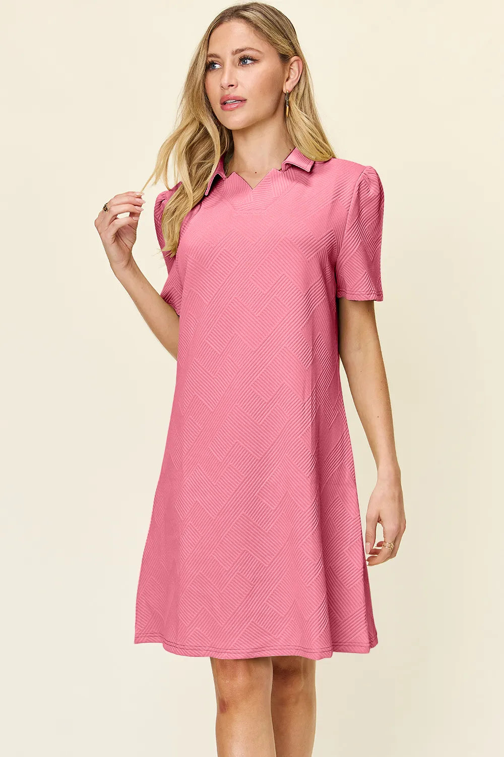 Double Take Full Size Texture Collared Neck Short Sleeve Dress - LoveNest Treasures