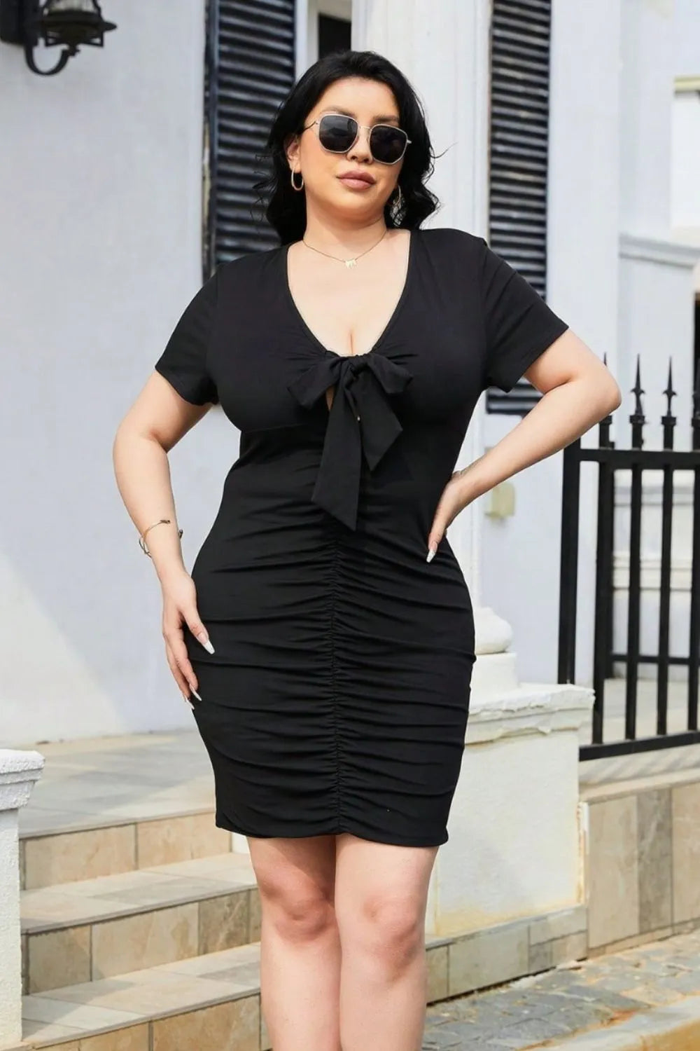 Plus Size Ruched Tied Short Sleeve Mini Dress - LoveNest Treasures