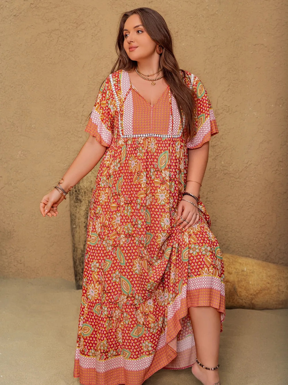 Plus Size Printed Tie Neck Flutter Sleeve Maxi Dress - LoveNest Treasures