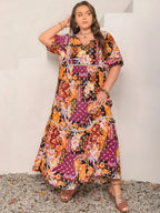 Plus Size Printed V-Neck Half Sleeve Maxi Dress - LoveNest Treasures