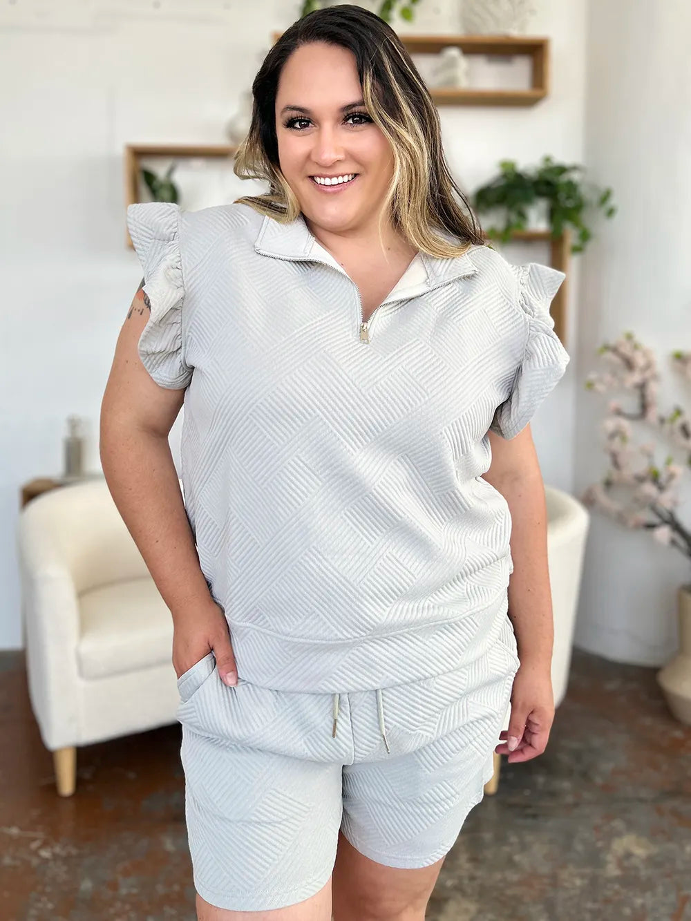 Double Take Full Size Texture Flounce Sleeve Top and Drawstring Shorts Set - LoveNest Treasures