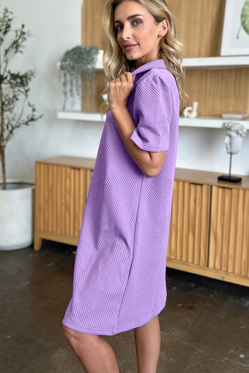 Double Take Full Size Texture Collared Neck Short Sleeve Dress - LoveNest Treasures