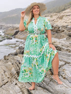 Plus Size Printed Notched Short Sleeve Maxi Dress - LoveNest Treasures
