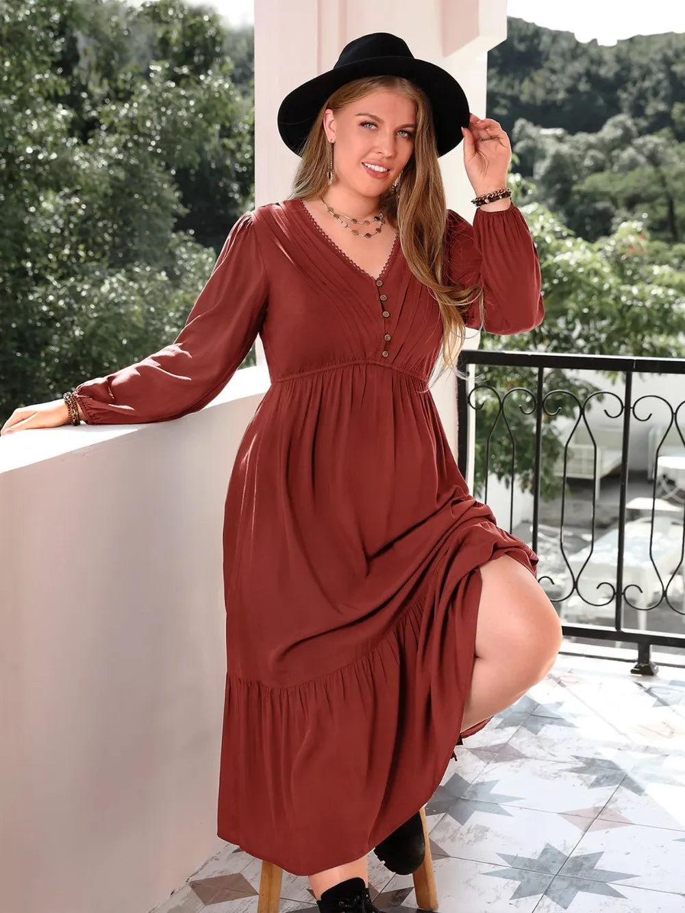 Plus Size Quarter Button V-Neck Long Sleeve Dress - LoveNest Treasures