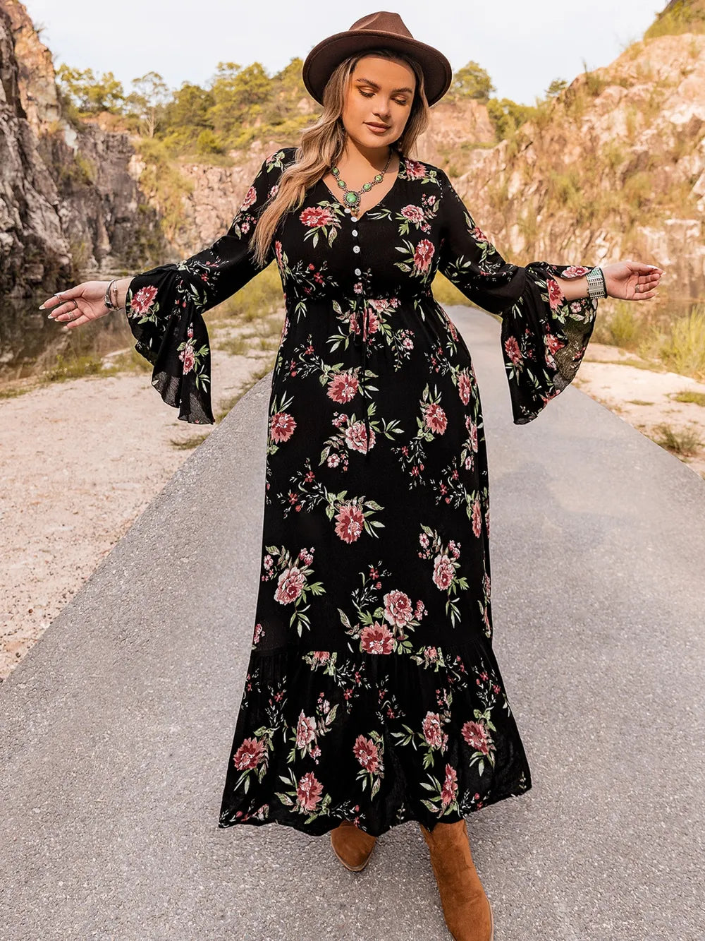 Plus Size Floral Flare Sleeve Dress - LoveNest Treasures