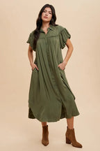 Annie Wear Mineral Washed Button Down Puff Sleeve Shirt Dress - LoveNest Treasures