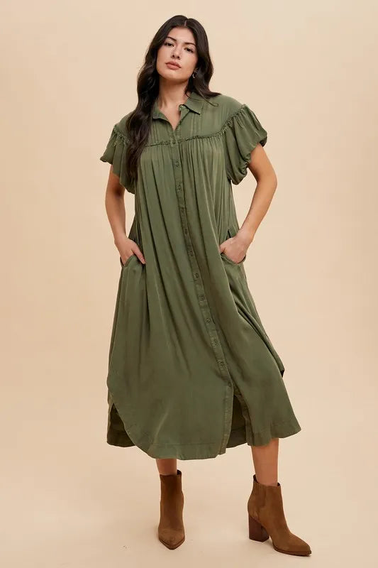 Annie Wear Mineral Washed Button Down Puff Sleeve Shirt Dress - LoveNest Treasures