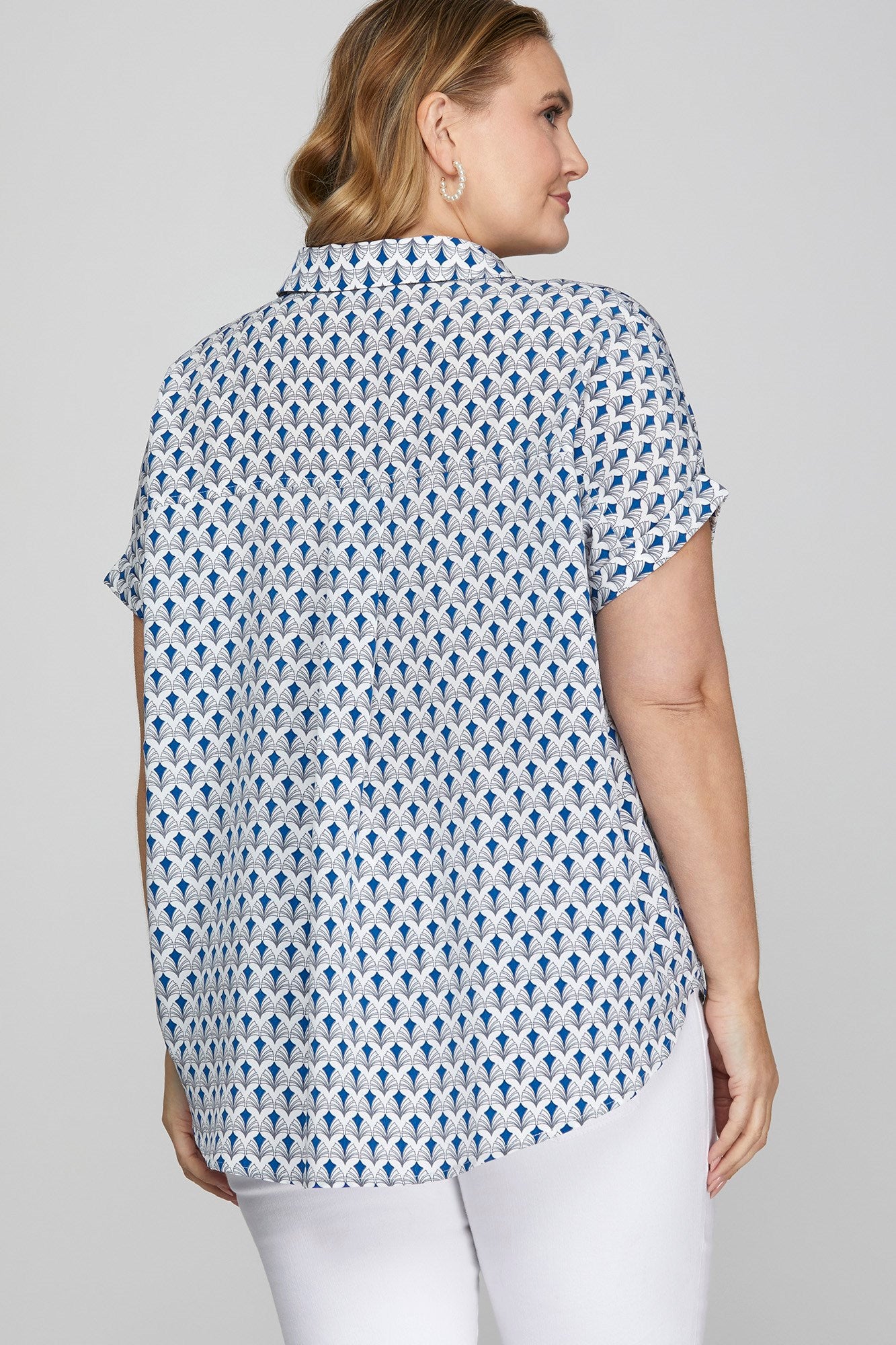 She + Sky Full Size Printed Johnny Collar Short Sleeve Blouse Plus Size - LoveNest Treasures
