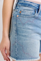 Judy Blue Full Size High Waist Western Embroidery Detail Cut Off Denim Shorts Plus Size - LoveNest Treasures