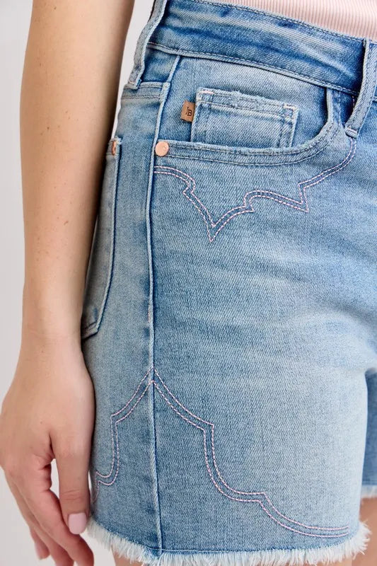 Judy Blue Full Size High Waist Western Embroidery Detail Cut Off Denim Shorts Plus Size - LoveNest Treasures