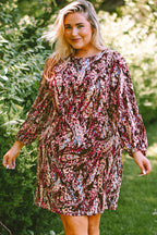 Plus Size Printed Round Neck Long Sleeve Mini Dress - LoveNest Treasures