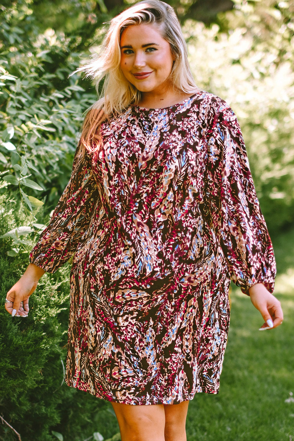 Plus Size Printed Round Neck Long Sleeve Mini Dress - LoveNest Treasures