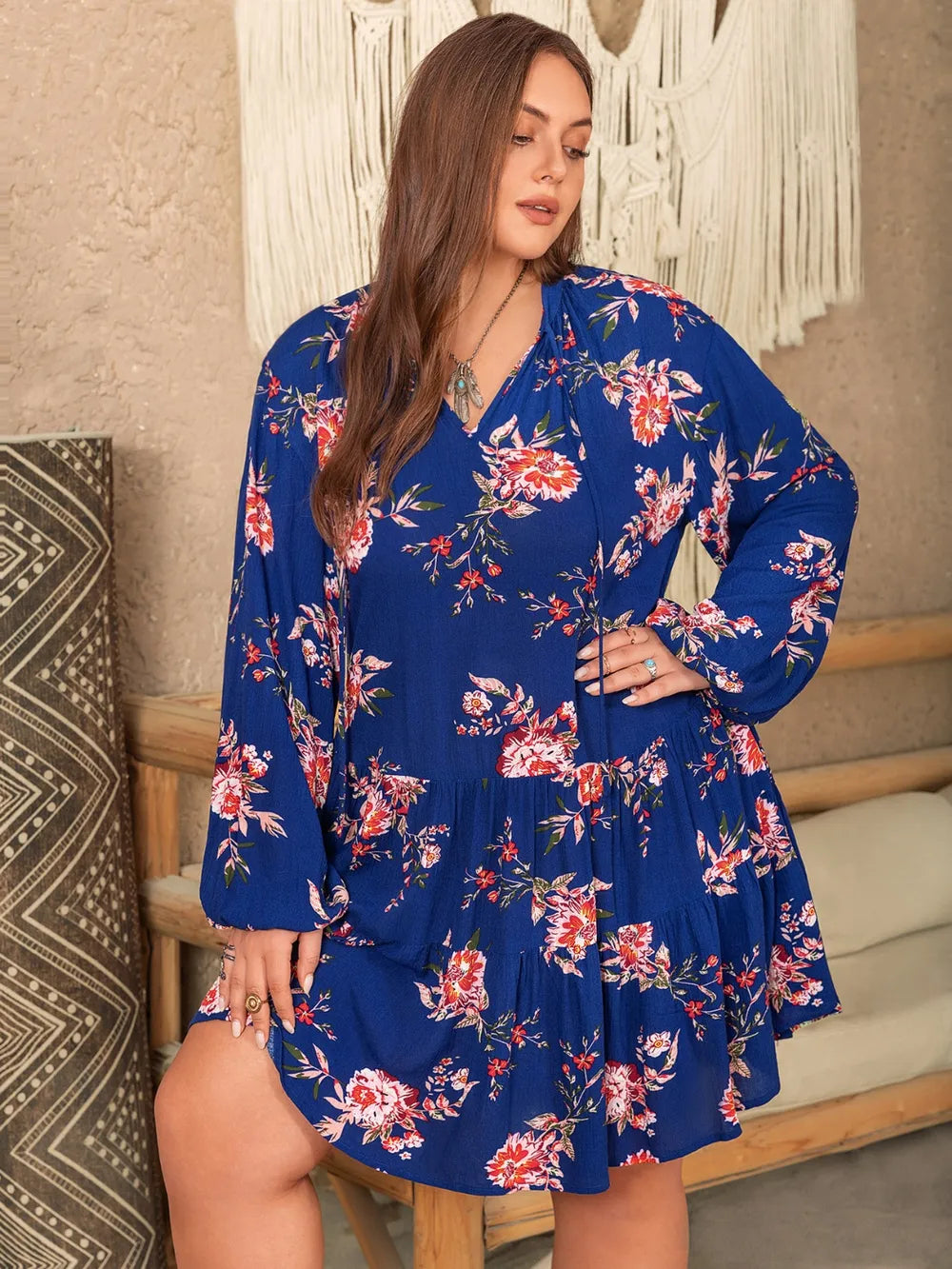 Plus Size Printed Tie Neck Balloon Sleeve Mini Dress - LoveNest Treasures