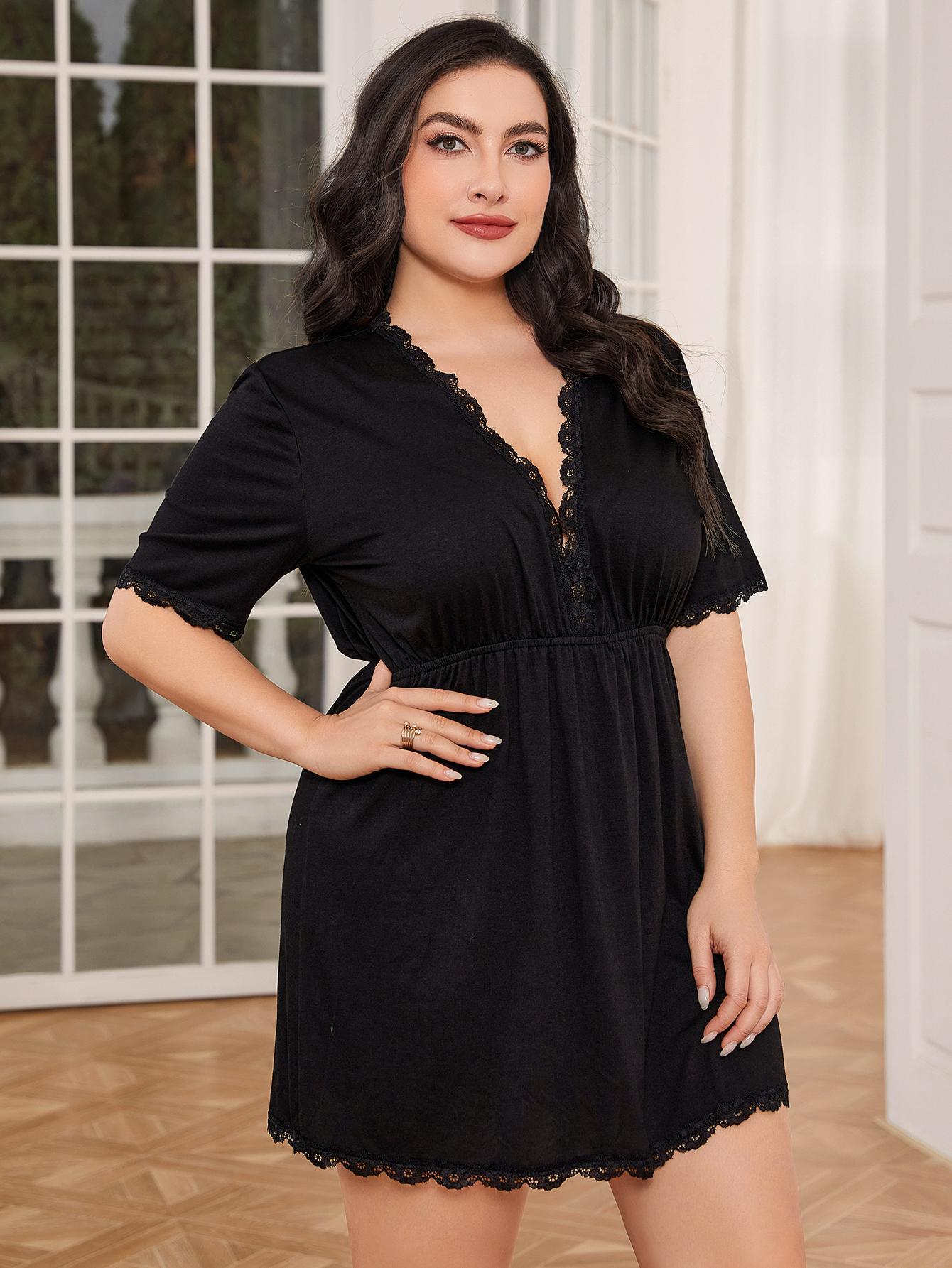 Plus Size Lace Trim Deep V Night Dress - LoveNest Treasures