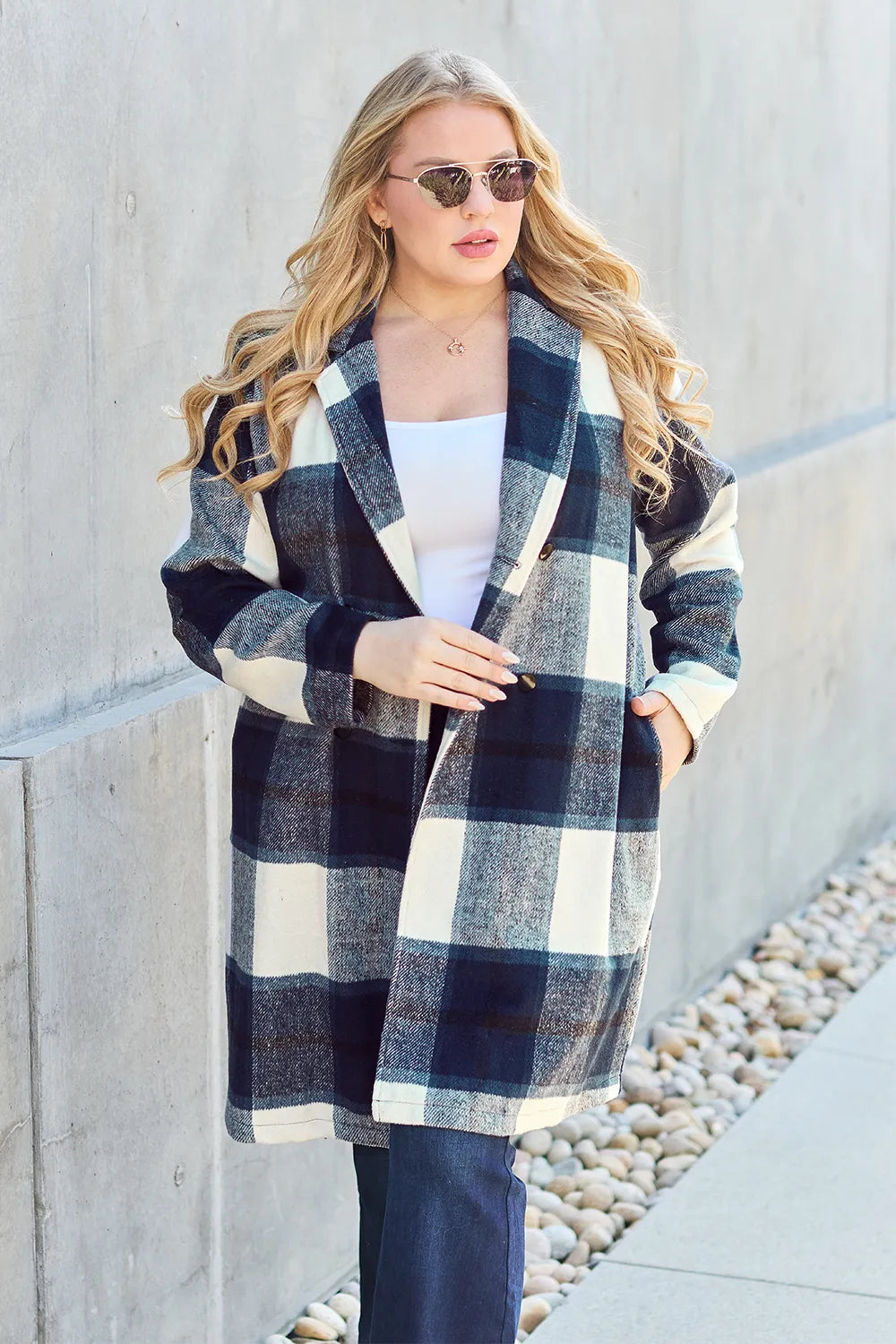 Double Take Full Size Plaid Button Up Lapel Collar Coat - LoveNest Treasures