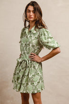 BiBi Tied Floral Short Sleeve Mini Shirt Dress - LoveNest Treasures