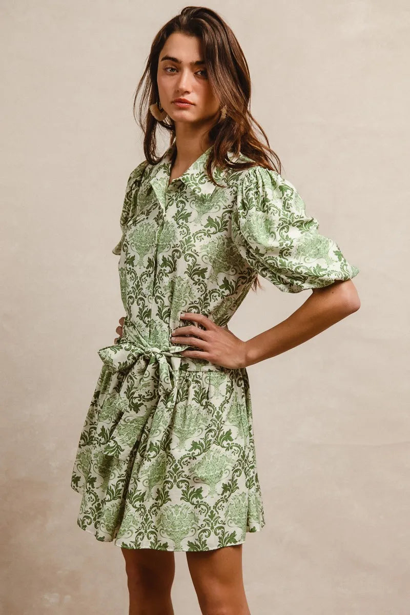 BiBi Tied Floral Short Sleeve Mini Shirt Dress - LoveNest Treasures