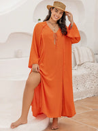 Plus Size Tie Neck Long Sleeve Slit Dress - LoveNest Treasures