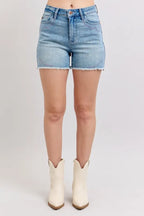 Judy Blue Full Size High Waist Western Embroidery Detail Cut Off Denim Shorts Plus Size - LoveNest Treasures