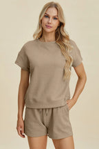 Double Take Full Size Texture Short Sleeve Top and Shorts Set - LoveNest Treasures