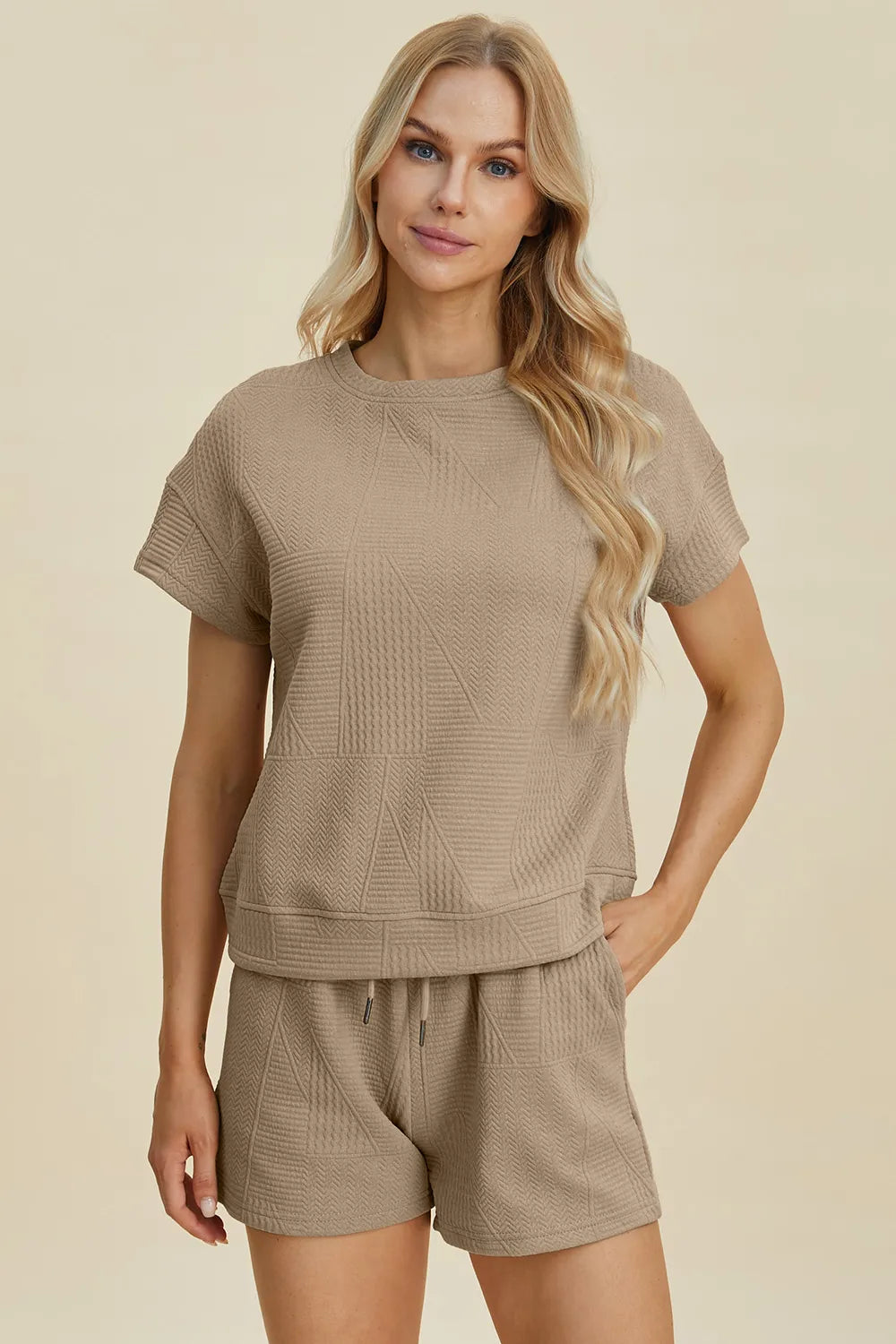 Double Take Full Size Texture Short Sleeve Top and Shorts Set - LoveNest Treasures