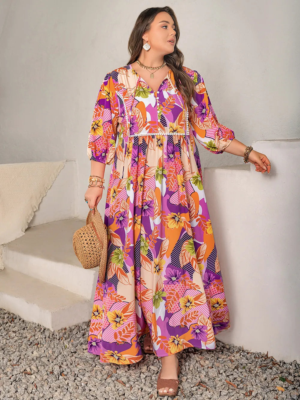 Plus Size Printed Tie Neck Maxi Dress - LoveNest Treasures