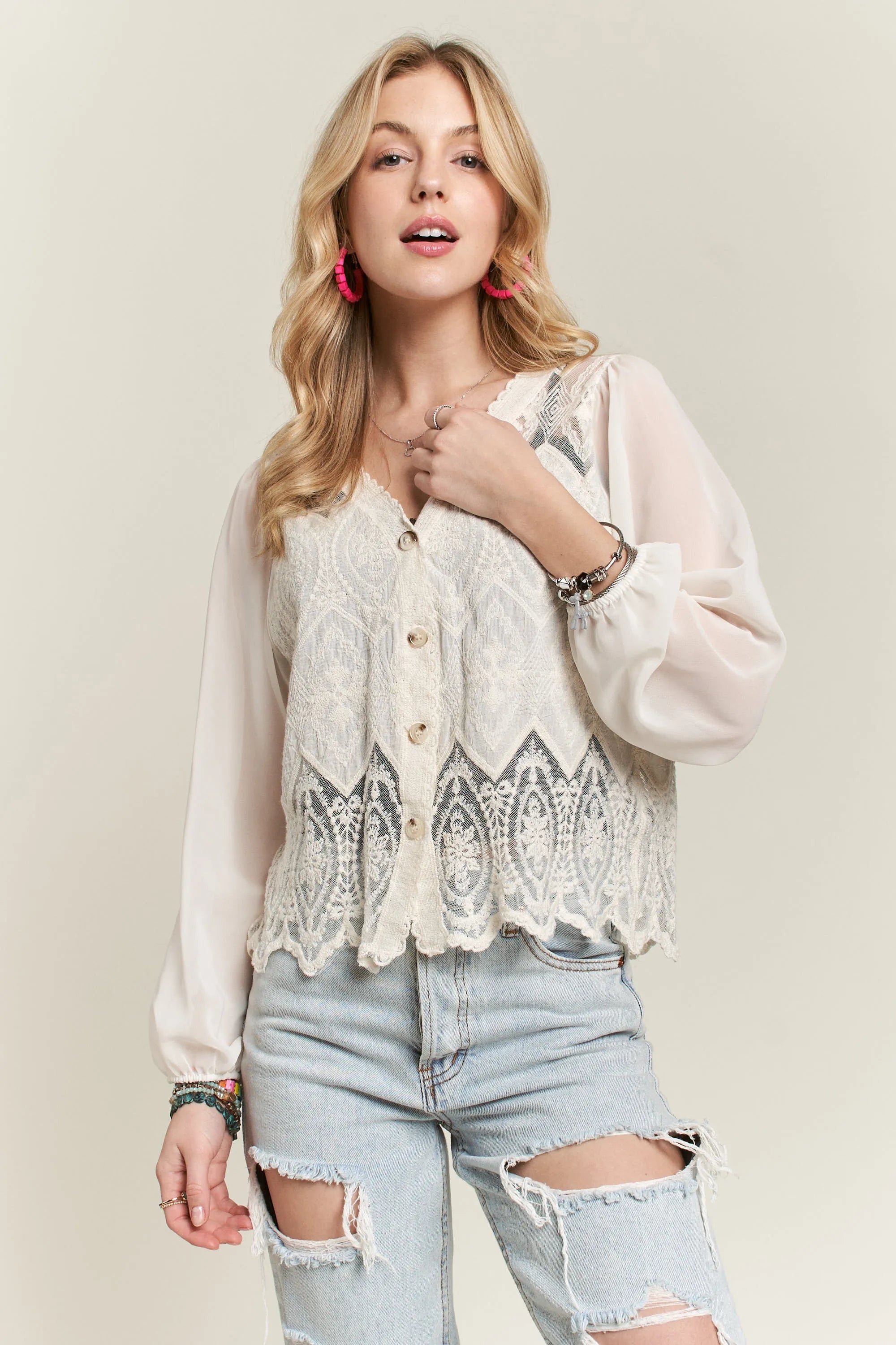 ADORA Button Down Embroidered Blouse - LoveNest Treasures