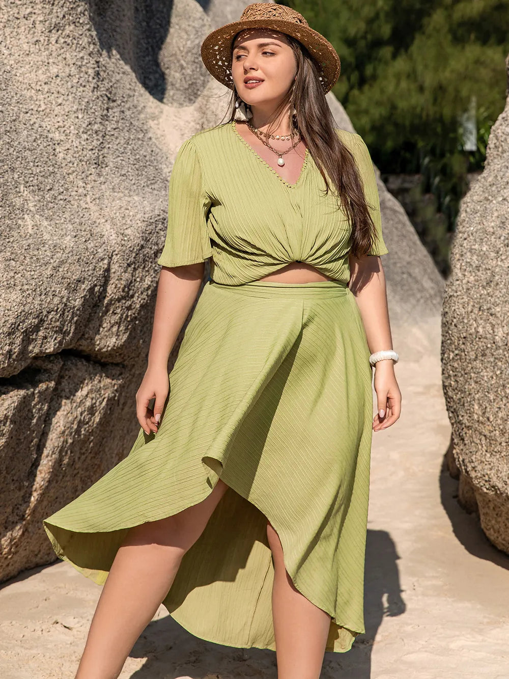 Plus Size V-Neck Half Sleeve Top and High-Low Skirt Set - LoveNest Treasures