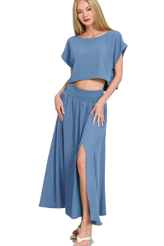 Zenana Heavy Woven Span Crop Tee & Skirt Set - LoveNest Treasures