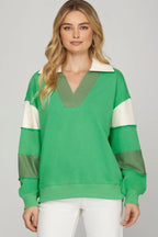 She + Sky Full Size Color Block Sleeve Johnny Collar French Terry Sweatshirt Plus Size - LoveNest Treasures