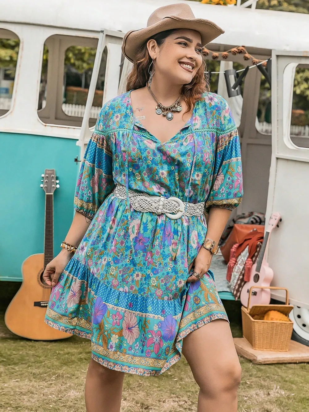 Plus Size Printed Tie Neck Mini Dress - LoveNest Treasures