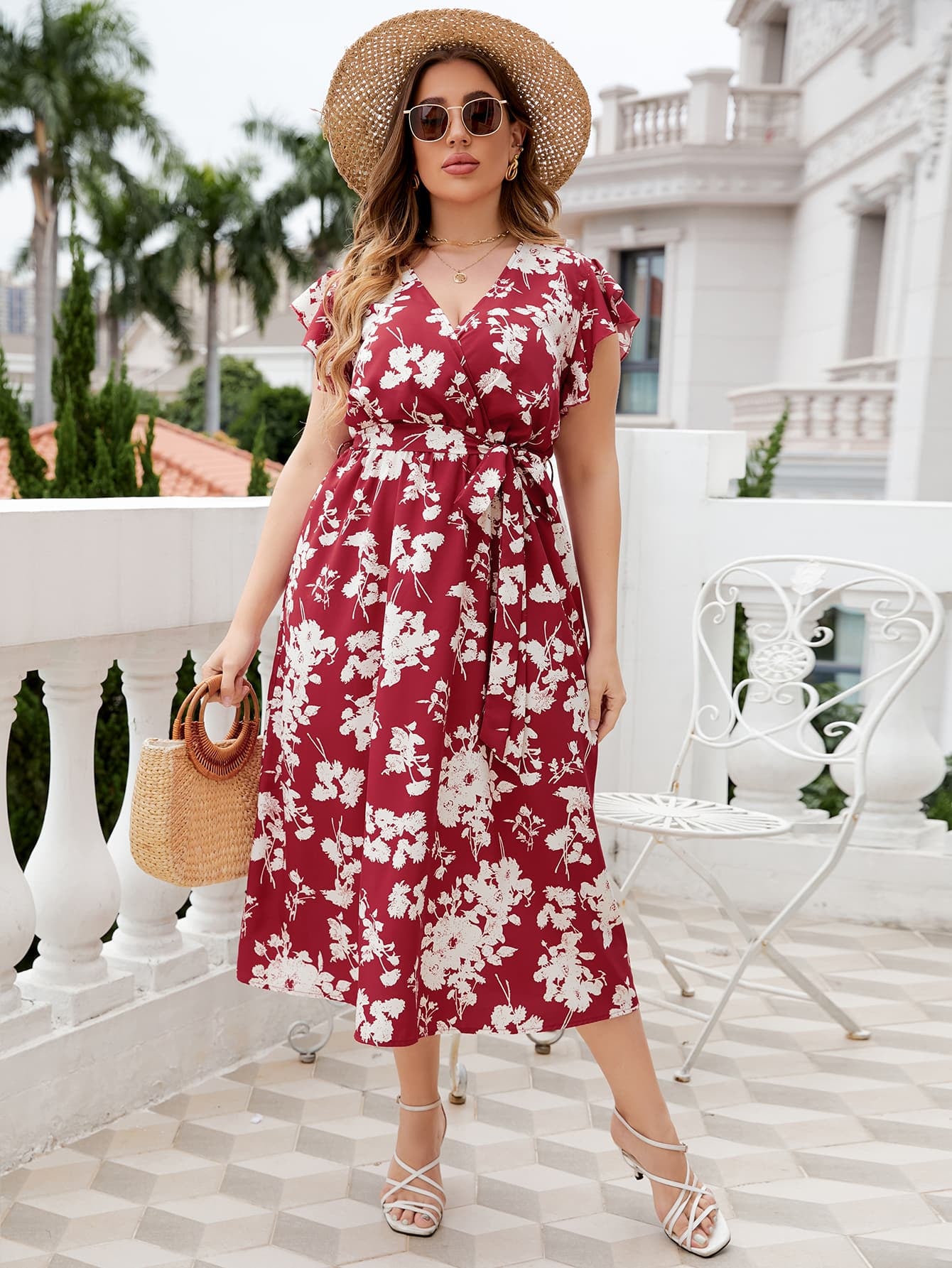 Honey Plus Size Floral Tie Waist Surplice Neck Midi Dress - LoveNest Treasures