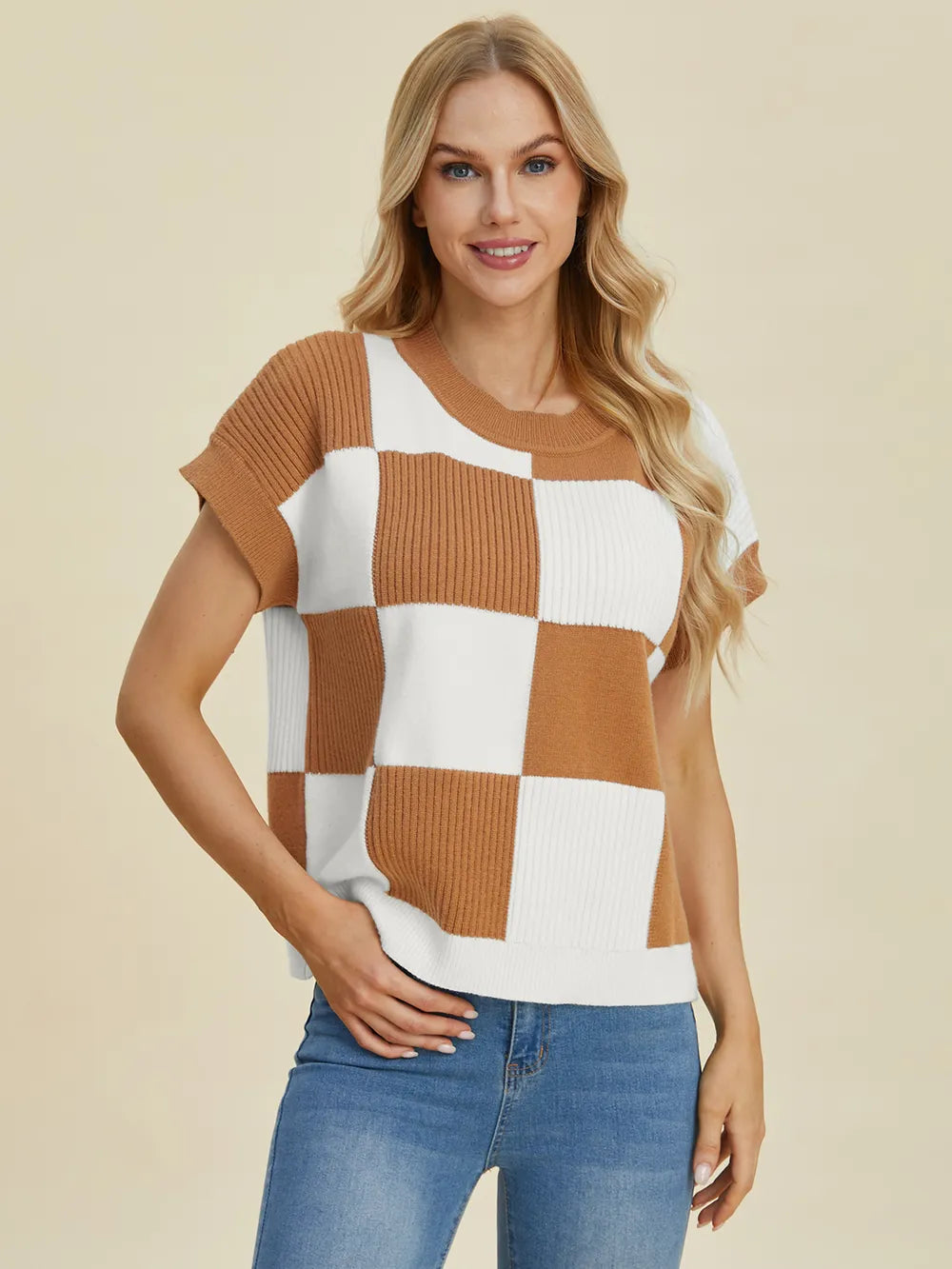 Double Take Full Size Checkered Round Neck Short Sleeve Sweater - LoveNest Treasures