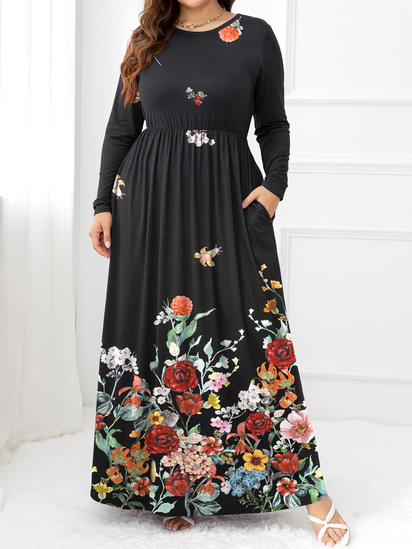 Plus Size Round Neck Maxi Dress with Pockets - LoveNest Treasures
