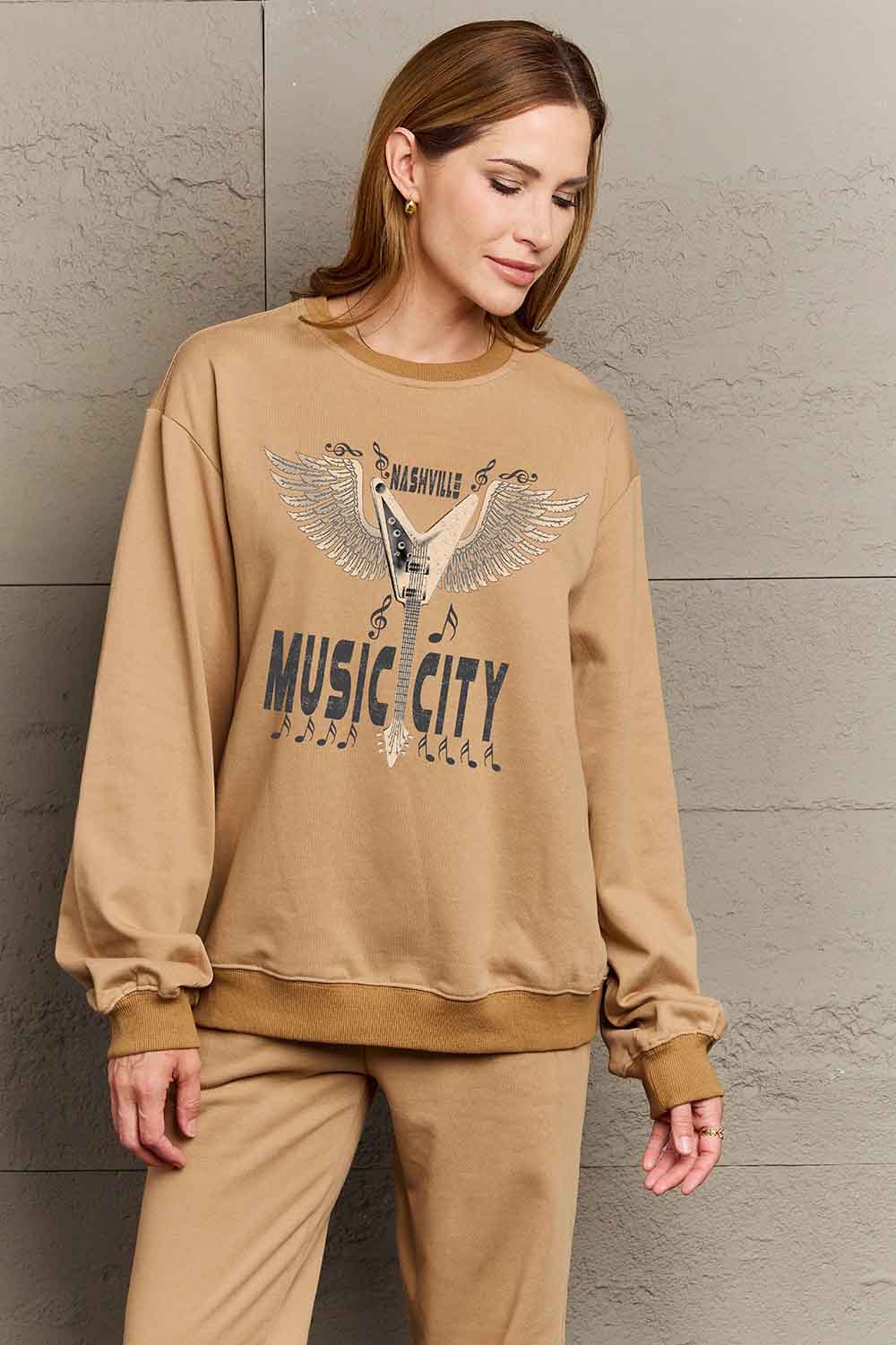 Simply Love Simply Love Full Size Round Neck Dropped Shoulder MUSIC CITY Graphic Sweatshirt - LoveNest Treasures