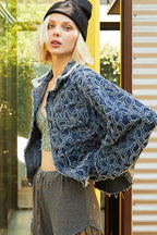 POL Flower Textured Raw Hem Long Sleeve Denim Jacket - LoveNest Treasures