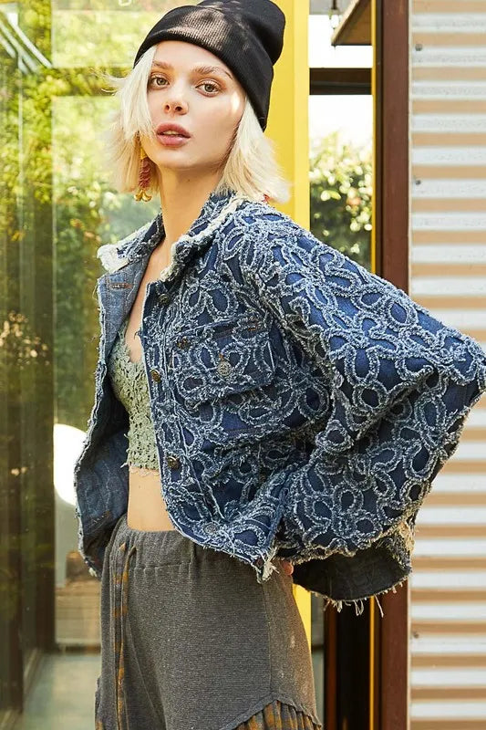 POL Flower Textured Raw Hem Long Sleeve Denim Jacket - LoveNest Treasures