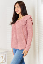 Double Take Square Neck Ruffle Shoulder Long Sleeve T-Shirt - LoveNest Treasures