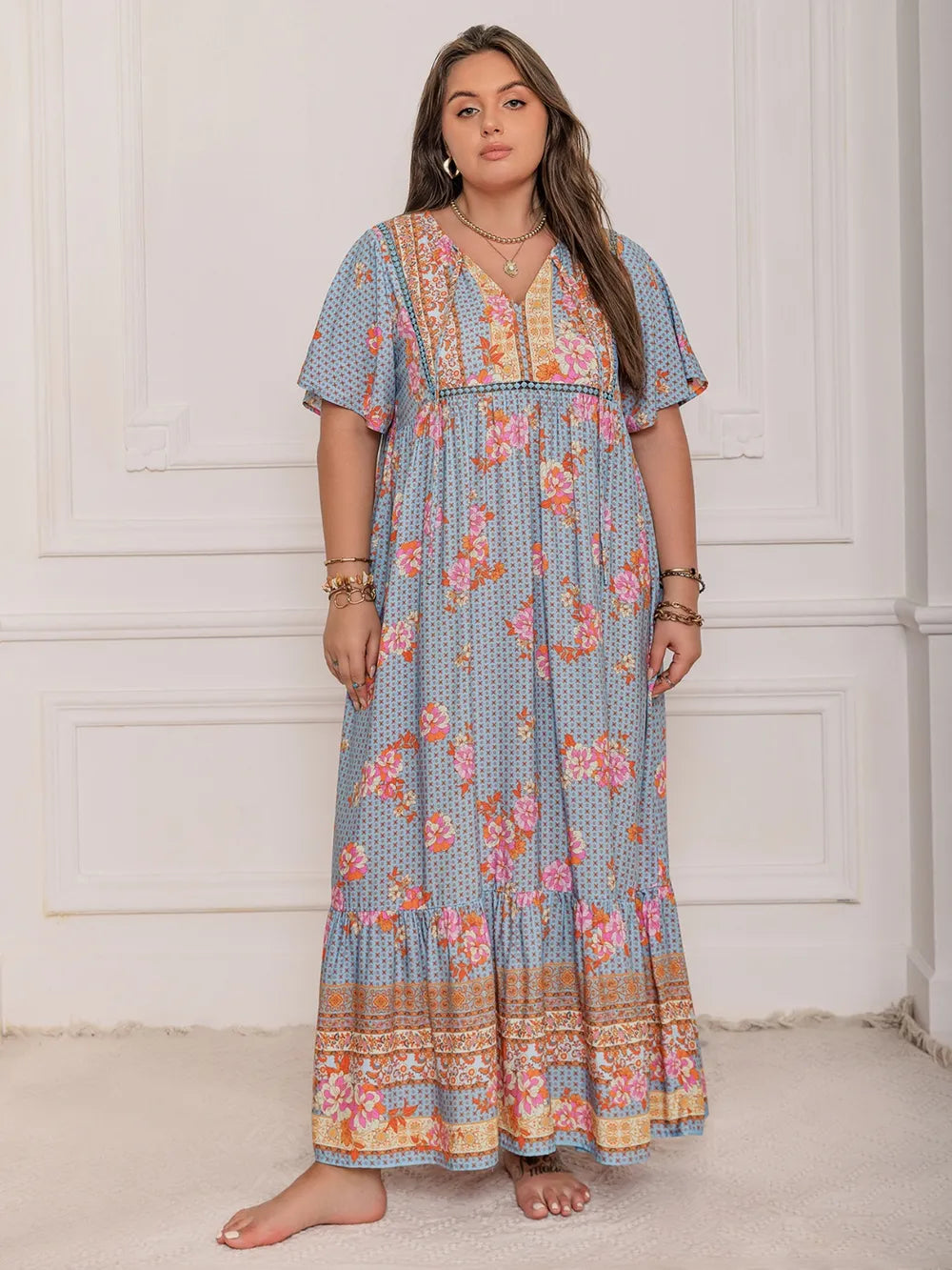 Plus Size Printed Tie Neck Flutter Sleeve Maxi Dress - LoveNest Treasures
