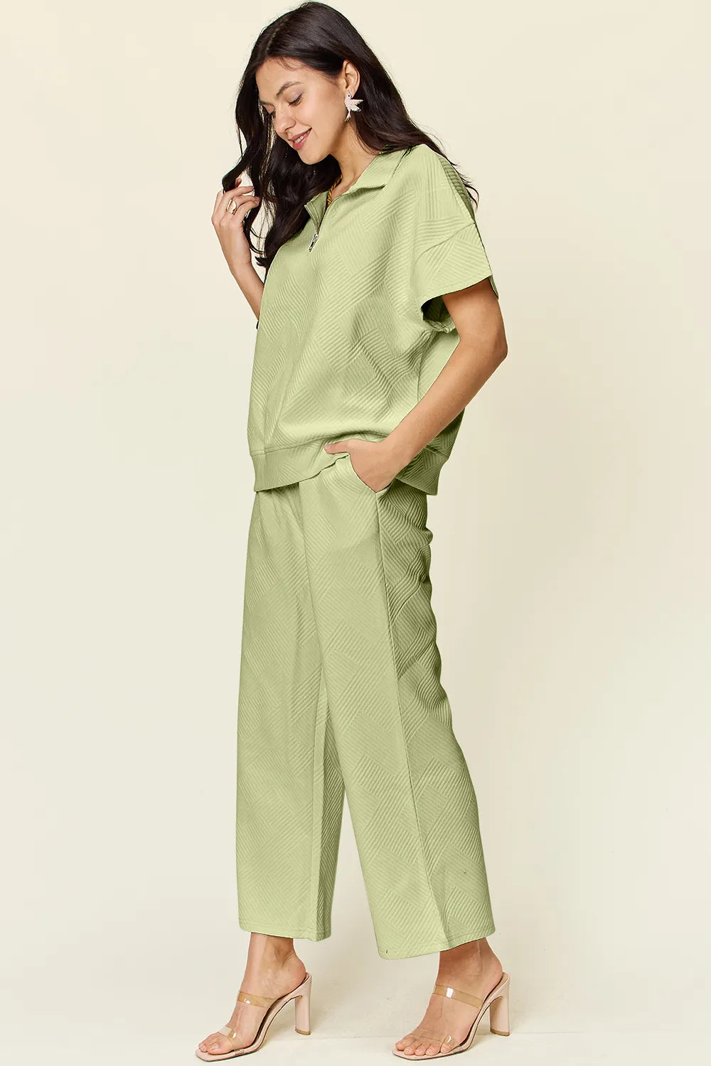 Double Take Full Size Texture Half Zip Short Sleeve Top and Pants Set - LoveNest Treasures