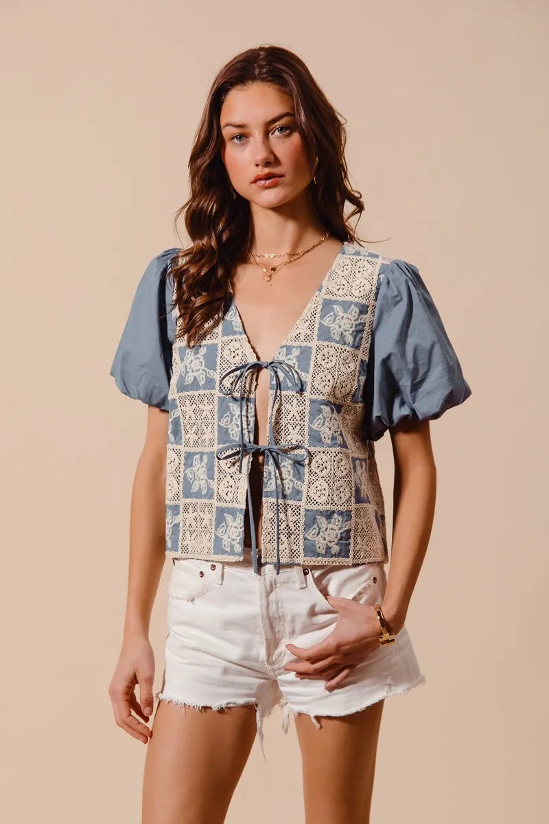 SO ME Crochet Lace Tie Front V Neck Blouse Top - LoveNest Treasures