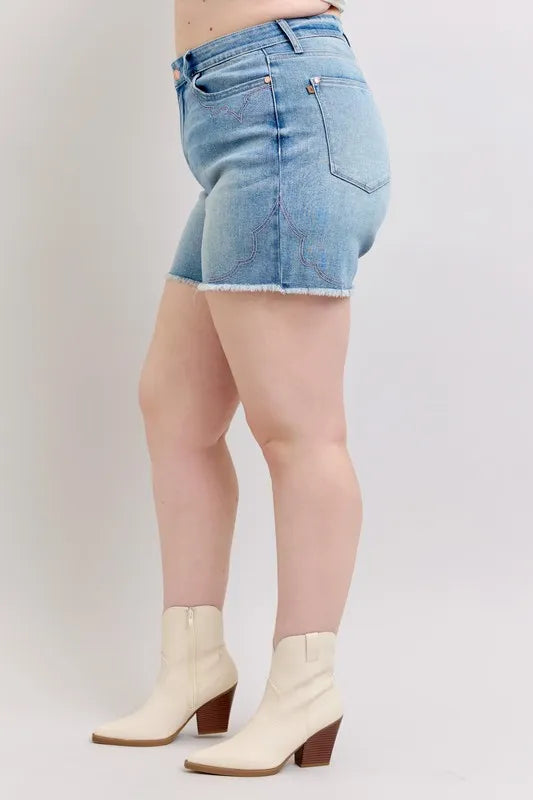 Judy Blue Full Size High Waist Western Embroidery Detail Cut Off Denim Shorts Plus Size - LoveNest Treasures